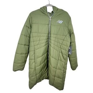 New Balance Women Puffer Jacket Forest‎ Green Hooded Water Wind Resistant XL